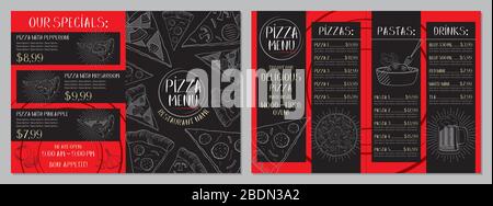 Pizza Restaurant Menü - A4-Karte (Pfefferoni, Pilz, hawaiianische Nudeln, Getränke) Stock Vektor