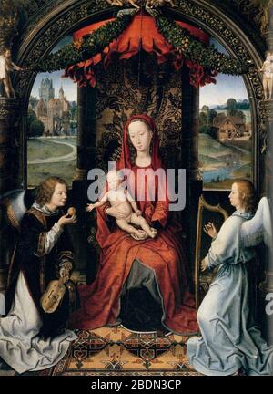 Hans Memling - Madonna thront mit Kind und zwei Engeln Stockfoto