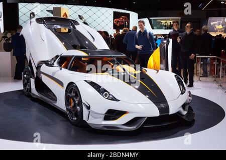 GENF, SCHWEIZ - 6. März 2018: Koenigsegg Regera in Koenigsegg Automotive Ausstellungsgelände in der 88. Genfer Automobilausstellung in Palexpo Stockfoto