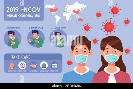 Covid19 Pandemie-Flyer mit Paaren mit Gesichtsmasken Infografiken Stock Vektor