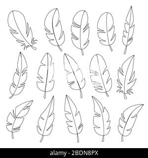 Federn verschiedener Formen Vektor-Set-Outline-Symbole legen flache Vektorgrafiken fest, die auf weißem Hintergrund isoliert sind Stock Vektor