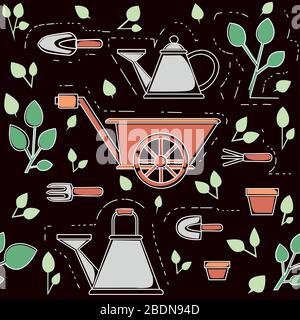 Seamless Pattern Gartenarbeit Elemente Sammlung Umrisse Symbole setzen flache Vektorgrafiken auf braunem Hintergrund Stock Vektor