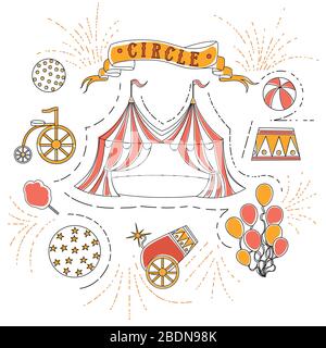 Outline Circus Icons Collection Linear Style Flat Vector Illustration auf weißem Hintergrund Stock Vektor