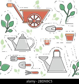 Seamless Pattern Gartenarbeit Elemente Sammlung Umrisse Symbole setzen flache Vektorgrafiken auf weißem Hintergrund Stock Vektor