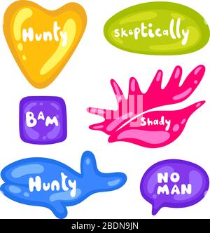 Aufklebersatz in verschiedenen Formen. Kollektion von mehrfarbigen, glänzenden Vektor-Aufklebern auf weißem Hintergrund. Teenager millenials Kultur. Cooler Ausdruck Stock Vektor