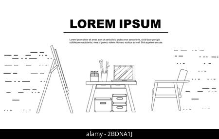 Designkonzept für Werbeflieger mit Umriss, Schreibtisch und ebener Vektorgrafik auf weißem Hintergrund Stock Vektor
