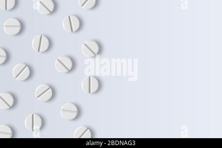 3D realistische weiße medizinische Tablette, Draufsicht. Designvorlage für Pillen, Kapseln für Grafiken, Mockup. Vektorgrafiken. Stock Vektor