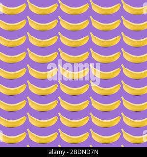 Nahtloses Muster mit Bananen auf lila Hintergrund. Design für Print, Banner oder Tapete. Bananendruck Stockfoto