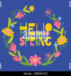 Vektorkarte mit Blumen und Schriftzug "Hello Spring" Stock Vektor