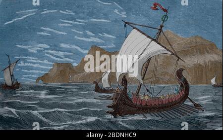 Anzident-Zeit. Mittelmeer. Altes Schiff auf der Insel Zypern. Gravur, 19. Jahrhundert. Stockfoto