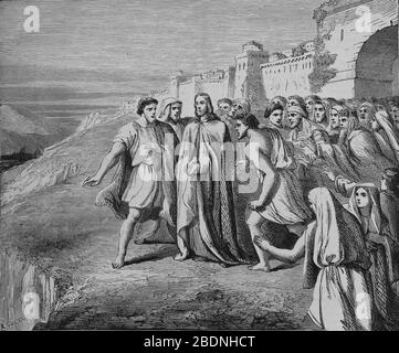 Neues Testament. Sie nahmen Jesus auf den Hügel, um ihn die Klippe hinunter zu werfen. Gravur, 19. Jahrhundert. Stockfoto