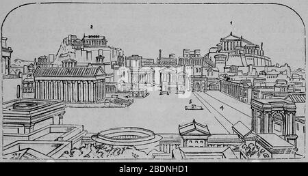 Die antike Stadt Rom. 1. Kapitolinische Hügel. 2. Palatin Hill. 3. Römische Baugruppen. 4. Sakrale Art. 5. Rostra. Gravur, 19. Jahrhundert. Stockfoto