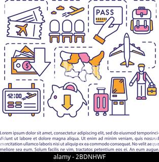 Billigfliegerkonzept Symbol mit Text. PPT-Seitenvektorvorlage. Geld sparen Reisen, erschwingliche internationale Tourismusbroschüre, Zeitschrift, Broschüre Stock Vektor