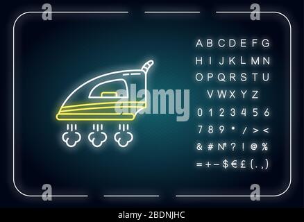 Bügel-Neon-Lichtsymbol. Wäschereiservice, flatiron, Stoffpflege. Glätten Sie das Bügeleisen mit Dampf. Äußere leuchtende Wirkung. Zeichen mit Alphabet, Zahlen und Stock Vektor