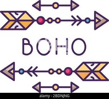 Boho-ästhetische Pfeile RGB-Farbsymbol. Böhmischer und Hippie-Stil Accessoire. Ethnische Heimatdekoration, Stammescharme, wildes und freies Geistersymbol. Isoliert Stock Vektor