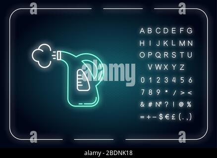 Symbol für die Dampfreinigung von Neonlampen. Wäschereiservice, Feinwäsche. Dampfbügeln. Äußere leuchtende Wirkung. Zeichen mit Alphabet, Zahlen und Symbolen Stock Vektor