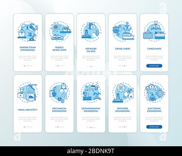 Marine Engineering Onboarding Mobile App Seite Bildschirm mit Konzepten eingestellt. Maritimen Plattformen, die einen Rundgang durch 5 Schritte durchführen, grafische Anweisungen. UI Stock Vektor