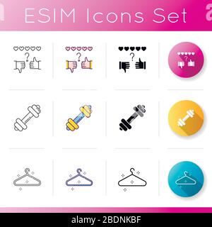 Lifestyle-Symbole festgelegt. Bewertung mit fünf Sternen überprüfen. Sportausrüstung. Fitness-Hanteln. Leerer Aufhänger. Garderobenschild. Workout und Training. Linear, schwarz Stock Vektor