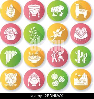 Peru flaches Design lange Schatten Glyphe Icons Set. Peruanische Sehenswürdigkeiten, Kultur, Natur, Küche. Inka, Marinera, Mais, Machu Picchu, Kaktus, Handstrick, Hut Stock Vektor