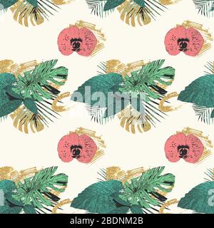 Nahtloses Muster mit tropischen Palmenblättern, Orchideen und goldenem Glitzer, Vintage, Grunge Hintergrund. Stockfoto