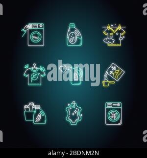 Wäschestüten Leuchtreklame Set. Münzwaschdienst, Waschmaschine, Dampf und Öko-chemische Reinigung. Waschmittel. Schilder mit Außenleuchten Stock Vektor