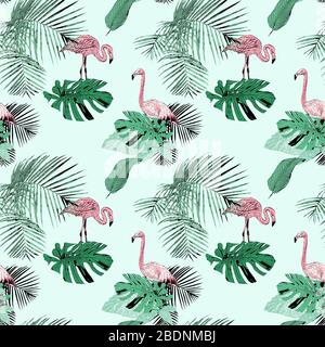 Nahtloses Muster mit tropischen Palmen und Flamingo, Vintage, Grunge Hintergrund. Perfekt für den Druck auf Stoff, Geschenkpapier etc. Stockfoto