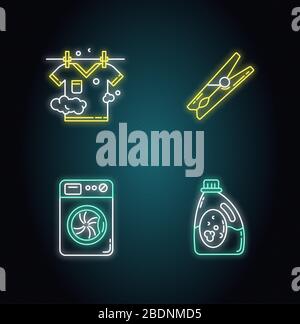 Wäschereinigungsartikel Neonlicht Symbole gesetzt. Waschen und Trocknen von Kleidung. Waschmittel und Waschmittel, Stift und Wäscheleine. Schilder mit Außenleuchten Stock Vektor