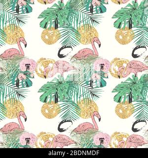 Nahtloses Muster mit tropischen Palmen, Flamingo und goldenem Glitzer, Vintage, Grunge Hintergrund. Perfekt für den Druck auf Stoff, Geschenkpapier etc. Stockfoto