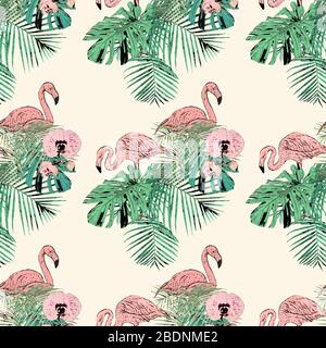 Nahtloses Muster mit tropischen Palmen und Flamingo, Vintage, Grunge Hintergrund. Perfekt für den Druck auf Stoff, Geschenkpapier etc. Stockfoto