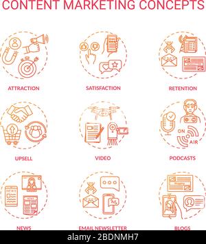 Symbole für das Content-Marketing-Konzept festgelegt. Internetwerbung, Online-Strategien für Kundenattraktionen, Idee von RGB-Farbabbildungen mit dünnen Linien. Vektor Stock Vektor