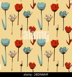 Nahtloses Muster mit Tulpen, Vintage, Grunge Hintergrund. Perfekt für den Druck auf Stoff, Geschenkpapier etc. Stockfoto