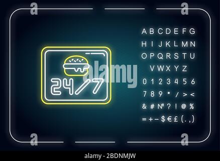 24 7 Symbol für offenes Burger-Joint-Neonlicht. Vierundzwanzig sieben Kantine. Tägliches Restaurant. Äußere leuchtende Wirkung. Zeichen mit Alphabet, Zahlen und Symbolen Stock Vektor