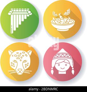 Peru flaches Design lange Schatten Glyphe Icons Set. Peruanische Kunst, Küche, Tierwelt, Kostüm. SIKU, Ceviche, Jaguar, Chullo hat. Zoll der anden Stock Vektor