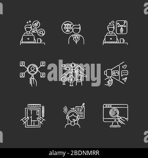 Weiße Symbole für entfernte Mitarbeiter sind auf schwarzem Hintergrund eingestellt. Design, Transkription und HR-Management, Webforschung. Illustrator und soziale Medien Stock Vektor