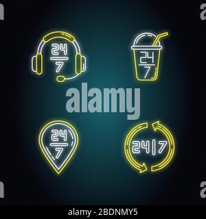 7-Stunden-Service, Neon Light Icons Set. Headset-Zeichen des Kundensupport. Vierundzwanzig sieben bar. Ganztägig verfügbare Lieferung. Schilder mit Außenleuchten Stock Vektor