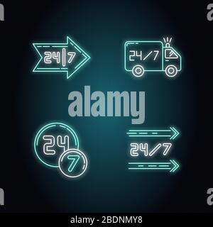 7-Stunden-Service, Neon Light Icons Set. Ganztägig verfügbarer Lieferwagen. Rund um die Uhr geöffneter 24-Stunden-Laden. 24 Stunden Shop. Schilder mit Außenmaterial Stock Vektor