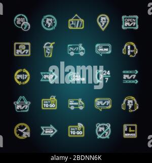 7-Stunden-Service, Neon Light Icons Set. 24-Stunden-Geschäft. Die ganze Woche verfügbar. Schilder mit Außenleuchten Stock Vektor