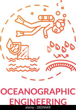 Ozeanographisches Engineering - Symbol für rotes Konzept. Erkunden Sie das Ökosystem unter Wasser. Biologe schwimmen im Ozean. Ozeanographie Idee dünne Linie Illustration. Vektor Stock Vektor