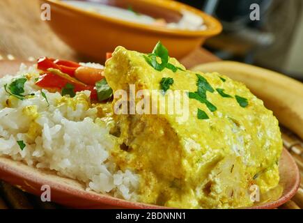 Goan Cod Curry, an der Westküste Indiens gelegen, regionale Küche, bekannt für Meeresfrüchte und Kokosmilch Stockfoto