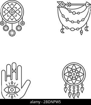 Zubehör im boho-Stil Pixel perfekte lineare Symbole gesetzt. Dreamcatcher, Hand und alle sehenden Augentalisman. Anpassbare Kontursymbole mit dünnen Linien Stock Vektor