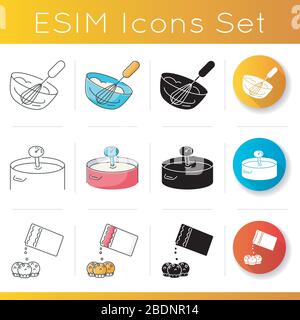 Symbole für Kochmethoden festgelegt. Lineare, schwarze und RGB-Farbstile. Kulinarische Techniken, Lebensmittelzubereitung. Schlagsahne, Käsebrist Stock Vektor