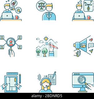 RGB-Farbsymbole für Remote-Mitarbeiter festgelegt. Kreatives und grafisches Design, Transkription und HR-Management, Webforschung. Illustrator und soziale Medien Stock Vektor