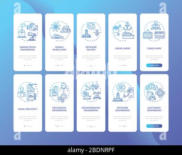 Marine Engineering Onboarding Mobile App Seite Bildschirm mit Konzepten eingestellt. Aufbau der Ölfeldplattform Durchgänge in 5 Schritten grafische Anweisungen. UI-Vektor Stock Vektor