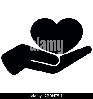 Schwarzes Vektorsymbol "Herz in Hand" auf weißem Hintergrund isoliert. Organspende, Save lige und People Support Konzept. Flaches, einfaches Design für Stock Vektor