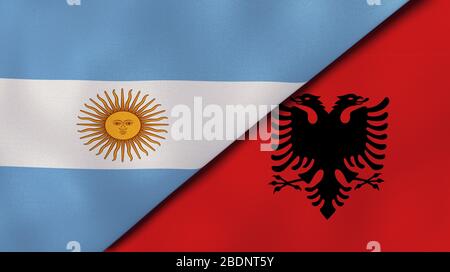 Zwei Staaten Flaggen Argentiniens und Albaniens. Hochwertiger Geschäftshintergrund. 3D-Abbildung Stockfoto