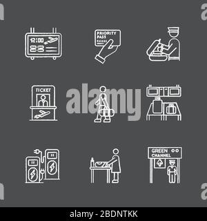 AirPort Terminal kreideweiße Symbole auf schwarzem Hintergrund. Fluginformationsfeld. Prioritätsdurchgang. Gepäckaufbewahrung mit Sicherheitskontrolle. Fluggastboarding Stock Vektor