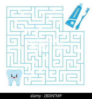 Zahnemoji und Zahnpasta mit Zahnbürstenlabyrinthspiel isoliert auf Weiß. Helfen Sie niedlichen Zähnen, den richtigen Weg zu Teethaste und Teethrush im Labyrinth zu finden. Stock Vektor