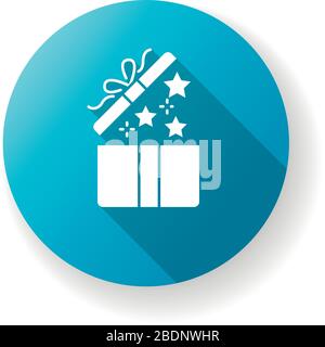 Geschenk-Symbol mit blauer Glyphe im flachen Design und langem Schatten. Offen vorhanden. Überraschung in festlicher Schachtel. Party-Element. Sonderpreis. Dekoration mit Band und Konfetti Stock Vektor