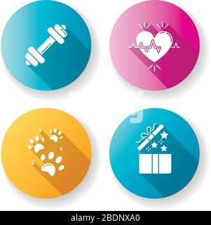 Lifestyle flaches Design mit langen Schatten-Glyphen. Fitness-Workout. Hanteln für Sport. Herzfrequenz. Kardiologische Gesundheitsversorgung. PET-Pfötchenausdrucke. Offenes Geschenk Stock Vektor