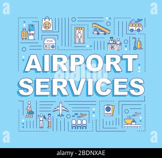 Banner "Airport Services Word Concepts". Kommerzielle Flüge, Infografiken für den Flugverkehr mit linearen Symbolen auf blauem Hintergrund. Isoliert Stock Vektor
